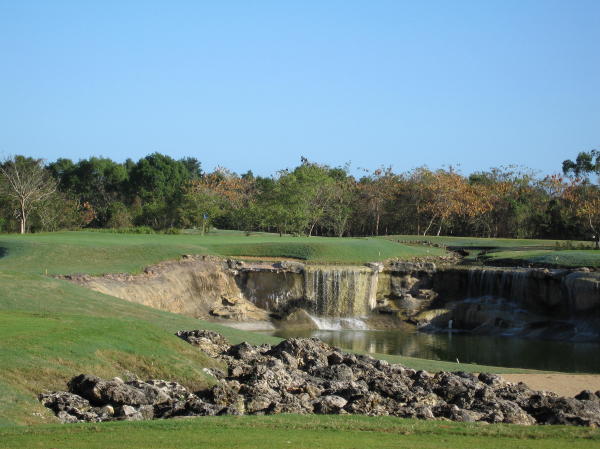 The 13th 2 green par three - Somehow Ron's ball stayed stayed just above the pipe