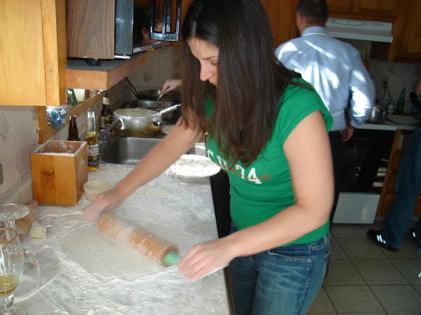 Shannon shows that you must roll VERY thin and make sure that there a lot of flour underneath